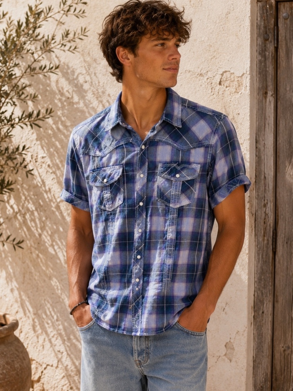 BKE Vintage 1967 Plaid Pearl Snap Shirt Men’s Medium Blue Purple Short Sleeve